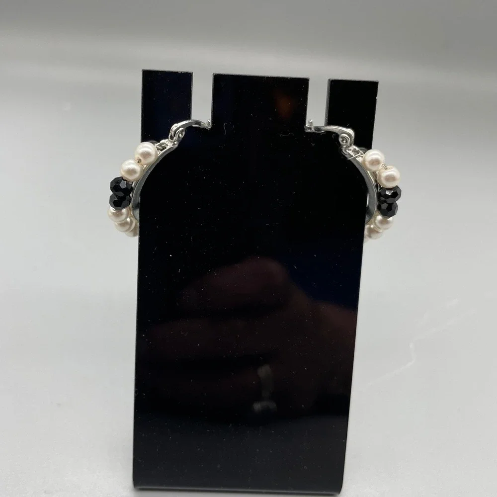 Silver Tone Faux‎ Pearl and Black Beaded Hoop Earrings Latch Back 1 Inch